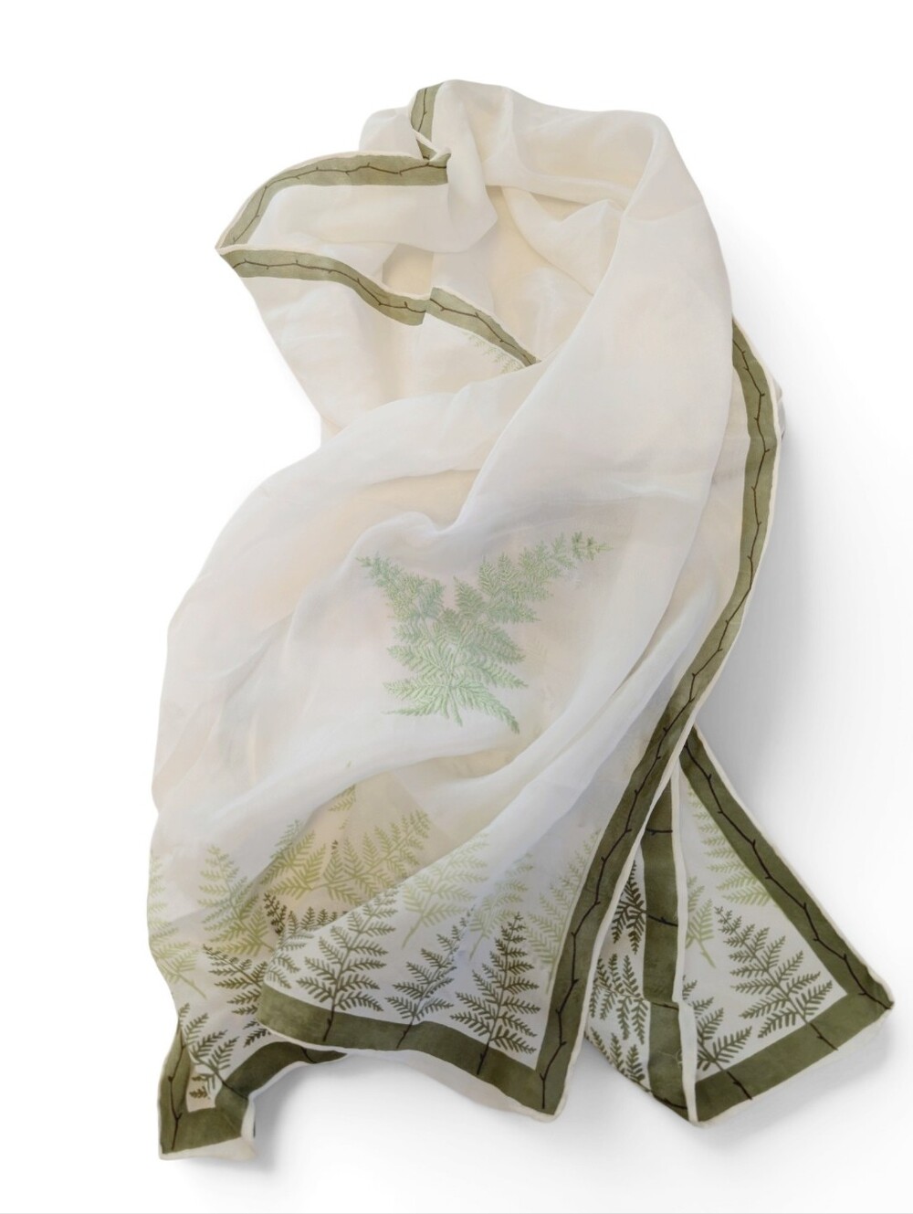 VINTAGE Fern Silk White Olive Green Long Embroidered Scarf 45x16